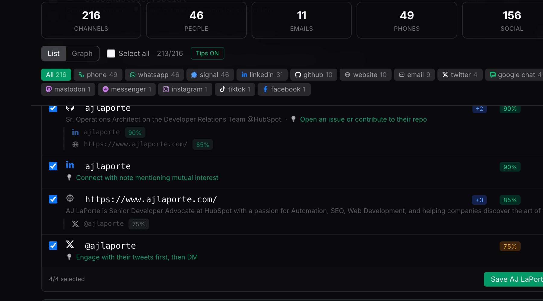 Each contact channel shows a tip on how to reach - emerald-colored suggestions inline